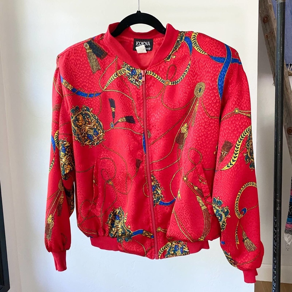 ERENA by IRENE KOENIG Women's Vintage Red Multi Coat of Arms Bomber Jacket sz M